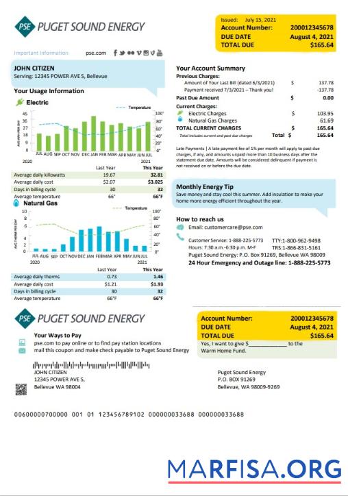 Downloadable USA Washington Puget Sound Energy utility bill template in Word and PDF format
